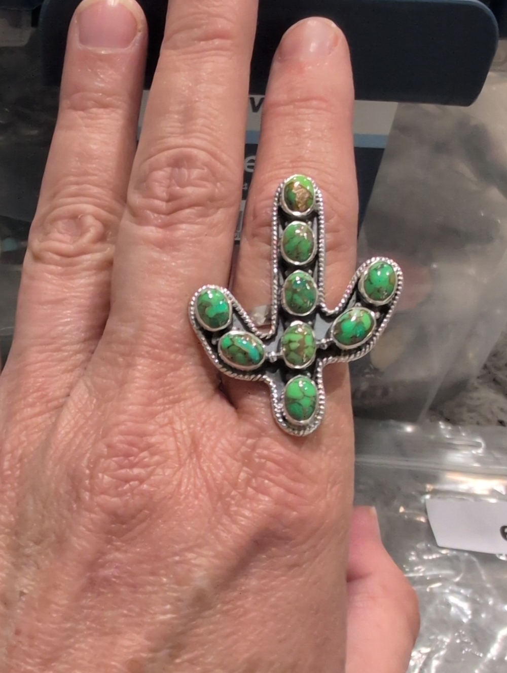 Sterling Silver Cactus Ring with Green Turquoise Stones